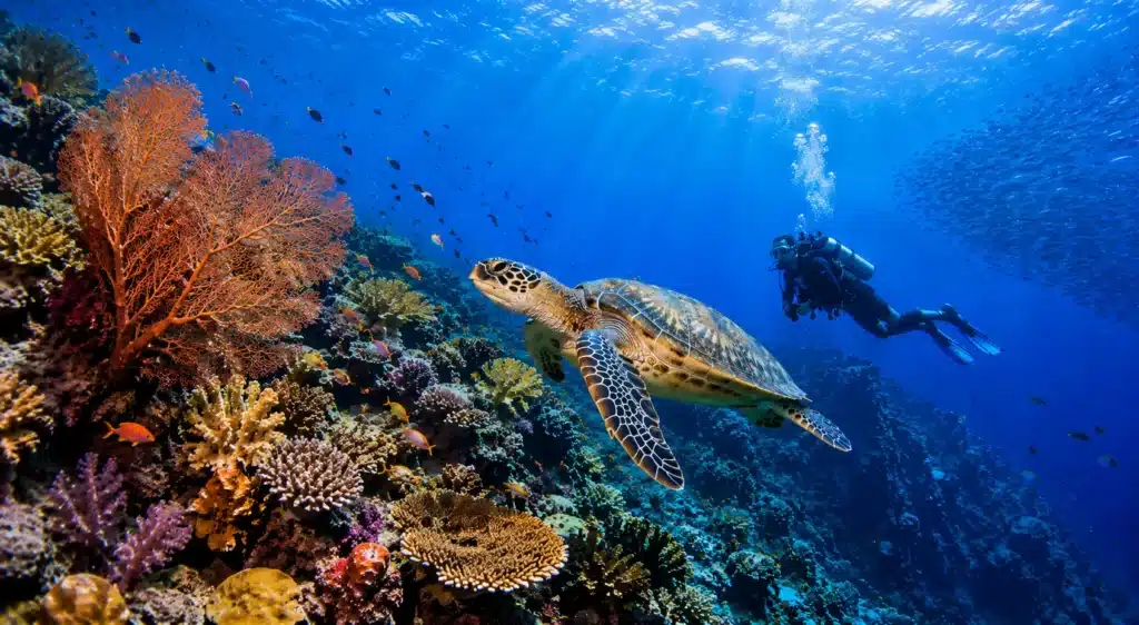 Plongeur observant une tortue verte au-dessus d'un récif corallien à Panglao, dans la mer de Bohol aux Philippines.